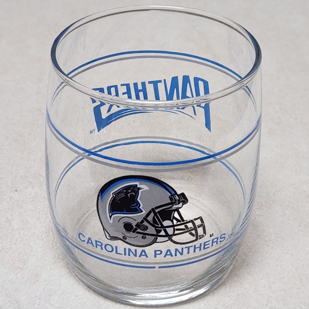 Carolina Panthers NFL Barrel Glass Clear Blue Helmet Logo Football Barware 10oz
